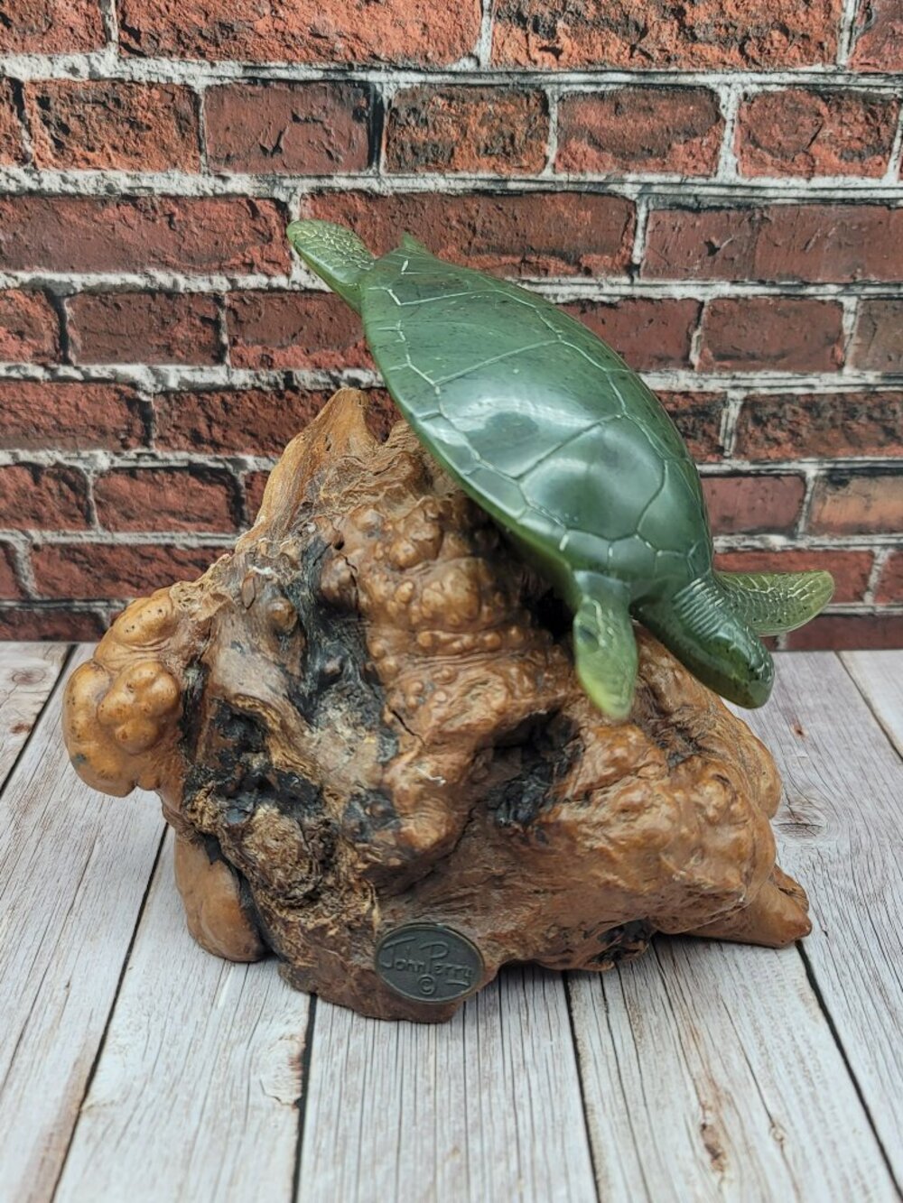 Vintage Mint John Perry Sea Turtle Sculpture Pellucida Resin Burlwood 6” Base